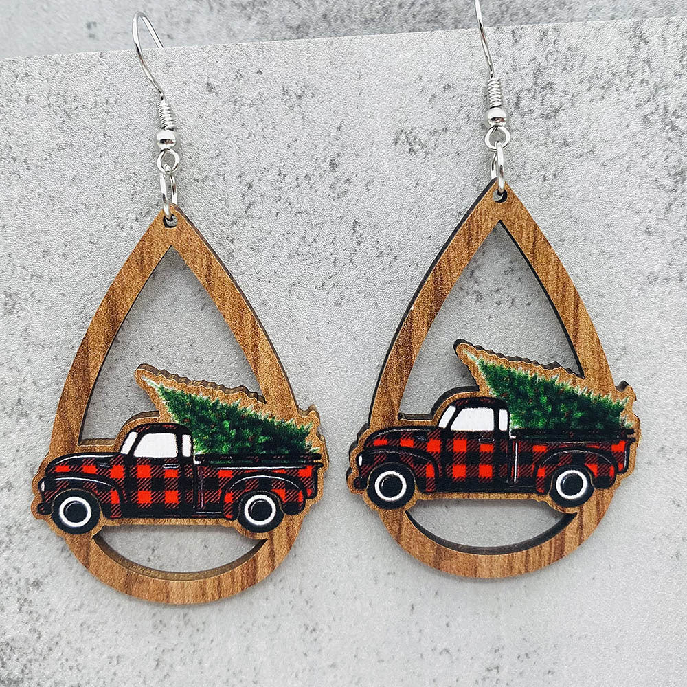Wholesale Santa Claus Bells Red Car Water Drop Wooden Earrings